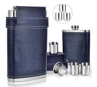 Flasque Gennissy 8oz pour hommes - Flasque en acier inoxydable 304 (18/8) pour whisky bourbon, étanche avec enveloppe en cuir bleu marine - Inclus entonnoir et 3 mini verres pour papa, cadeaux, voyage