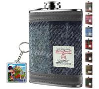 Flasque Harris Tweed de 170 ml en acier inoxydable pour homme - Anti-fuite - Convient pour la poche - Boîte cadeau, porte-clés - Noël - Liqueur, whisky, rhum (tartan gris et noir)