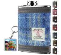 Flasque Harris Tweed de 170 ml en acier inoxydable pour homme - Anti-fuite - Convient pour la poche - Boîte cadeau, porte-clés - Noël - Liqueur, whisky, rhum (carreaux bleu clair)
