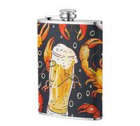Flasque personnalisée en acier inoxydable 304 imprimé avec motif bière et écrevisses 237 ml - Étui en cuir synthétique de qualité supérieure, flasque plate pour sports de plein air