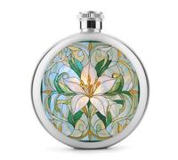 Flasque ronde portable en acier inoxydable avec motif de lys vert et bleu clair pour boisson 140 ml