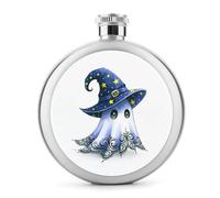 Flasque ronde portable en acier inoxydable avec motif fantôme portant un chapeau de sorcière, 140 ml