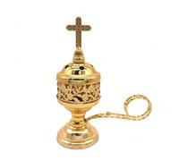 FLCPJGV Brûleur d'Encens d'Intérieur Brûleur Encensoir Coupelle Encens Cassolette Métal en Fer Solide Couvercle Perforé Bande Florale Pommeau Croix pour, Doré