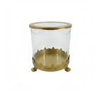 FLCPJGV Contenant pour Bougie Verre Porte-Bougie Support Métal Pieds Décoratifs Élégance Sobre Corps Transparent Finition Blanche Ambiance Chaleureuse, 15.3cm X 17.5cm, Or, 22W513JT-L