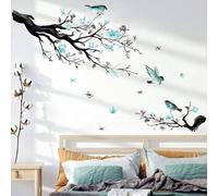 Fleur Branche Sticker Mural Sticker Bleu Fleur Arbre Oiseau Décoration Murale Enfants Chambre Salon Bleu