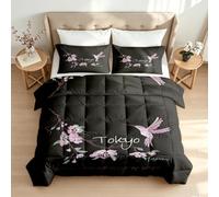 Fleur De Cerisier Tokyo Imprimée Couette sans Housse 240x260 4 Saisons | Réversible Couette 2 en 1 Colibri Japonais Duvet 2 Personnes Édredon Légère Été Couette Matelassée Lavable en Machine 2Q309