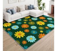 Fleurettes Pâquerettes Vintage Tapis Salon Antidérapant Lavable 120x170cm | Poil Ras Doux Fond Vert Forêt Rétro Années 70 Tapis pour Salle a Manger Bureau Cuisine Descente de lit Chambre Decoration