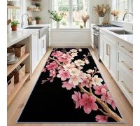 Fleurs Aquarelle Orientale Tapis Couloir Lavable en Machine 60x240cm | Fleur Pêcher Rose Blanc Tapis de Cuisine et Entrée Antidérapant, Poil Ras Doux, Grand Tapis Intérieur pour Chambre, Bureau