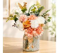 Fleurs Artificielles avec Vase en Verre, Bouquet de Rose, Dahlia et Eucalyptus en Soie, Florale Artificielle Réaliste, Centre de Table pour Salon, Cuisine, Bureau, Mariage, Décoration Maison