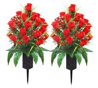 Fleurs artificielles pour cimetière en pots, Roses artificiels avec Vase, fleurs commémoratives pour cimetière, enterrement, décoration de Pierre tombe extérieure,Lot de 2 Fleurs artificielles Rose