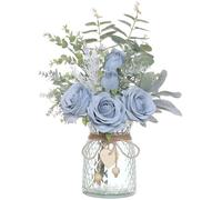Fleurs artificielles, roses en soie artificielles en vase, composition florale artificielle, roses d'imitation, sans vase (bleu)