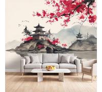 Fleurs De Cerisier Pagode Lac Papier Peint Intissé Salon 400 x 280 cm | Murale Japonais Lavis À L'Encre Oriental pour Chambre Décoration Couloir Entrée Cuisine TV Fond Salle à Manger