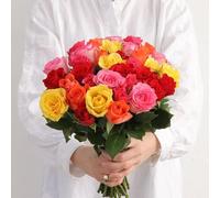 Fleurs et Délices - Brassée de Roses Multicolores - Fleurs Fraîches - Grand Bouquet de Roses Multicolores, Issues du Commerce Équitable, Cadeau Romantique ou Anniversaire, 45 Tiges