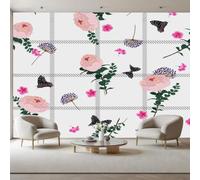 Fleurs, Papillons Papier Peints Panoramique Grille Géométrique Poster Mural xxl Personnalisé 3D, Moderne Blanc Papier Peint Chambre Chambre D'Enfant Décoration Murale 365x254cm(L x H)