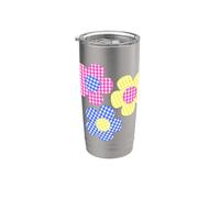 Fleurs rose, jaune, bleu sur des formes vichy tartan bleu marine Gobelet isotherme en acier inoxydable double paroi