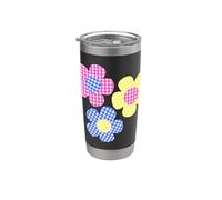 Fleurs rose, jaune, bleu sur des formes vichy tartan bleu marine Gobelet isotherme en acier inoxydable double paroi