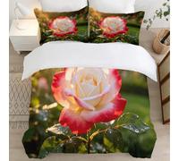 Fleurs Roses et Blanches Housse de Couette 140x200 Parures de Lit 1 Personne Imprimé 3D Microfibre Douce Belles Fleurs Housses Couette avec 2 Taies d'oreiller et Fermeture Éclair l.502