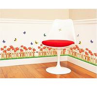 Fleurs rouges Branche de fleurs de coquelicots Papillons Herbe Sticker mural Autocollants Décalcomanies Décoration de maison Fleurs modernes élégantes Décoration de chambre à coucher