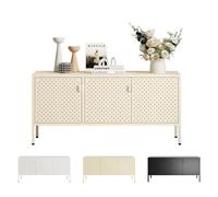 FlexiSpot Meuble TV en métal blanc crème 118 x 39 x 55 cm, Buffet avec aérations, 3 portes, pieds réglables, design moderne