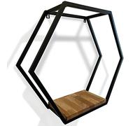 FLEXISTYLE Étagère murale en métal hexagone 60 cm XXL Noir hexagone européen ligne géométrique design mur en chêne avec étagères en bois pour appartement, bureau, chambre, salon, couloir