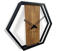 FLEXISTYLE Grande horloge murale hexagonale en bois de chêne LOFT noir industriel moderne 50 cm de diamètre sans bruit de tic-tac style industriel