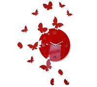 FLEXISTYLE z4g-3 Grande Horloge Murale Moderne en Forme de Papillon Ronde 30 cm, 15 Papillons, pour Salon, Chambre à Coucher, Chambre d'enfant, Produit fabriqué dans l'UE (Rouge)