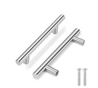 Flexzion 1 Pack Poignes d'Armoire de Cuisine Argentes Tirettes de Tiroir 6 pouces, Centre de Trou de 3,8 pouces, Barre T en Acier Inoxydable Solide avec Nickel Bross Satin, Quincaillerie