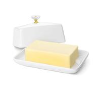Flexzion Beurrier européen en céramique blanche avec couvercle à poignée en cristal pour comptoir (17,8 cm) - Large porte-beurre double pour comptoir, récipient à fromage à la crème