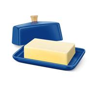 Flexzion Beurrier européen en céramique bleu foncé avec couvercle pour comptoir (17,8 cm) - Large porte-beurre double à 2 bâtonnets pour comptoir, récipient à fromage à la crème