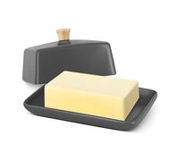 Flexzion Beurrier Européen Gris en Céramique avec Couvercle pour Plan de Travail (18 cm) - Boîte Large Double Pour 2 Bâtonnets de Beurre, Conteneur de Fromage à la Crème