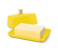 Flexzion Beurrier Européen Jaune en Céramique avec Couvercle pour Plan de Travail (18 cm) - Boîte Large Double Pour 2 Bâtonnets de Beurre, Conteneur de Fromage à la Crème