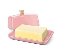 Flexzion Beurrier Européen Rose en Céramique avec Couvercle pour Plan de Travail (18 cm) - Boîte Large Double Pour 2 Bâtonnets de Beurre, Conteneur de Fromage à la Crème