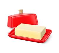 Flexzion Beurrier Européen Rouge en Céramique avec Couvercle pour Plan de Travail (18 cm) - Boîte Large Double Pour 2 Bâtonnets de Beurre, Conteneur de Fromage à la Crème