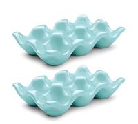 Flexzion Boîte à œufs en porcelaine, 6 œufs, porte-œufs en céramique, organisateur de rangement et présentoir décoratif pour demi-douzaine d’œufs pour le réfrigérateur, plan de travail, bol de service