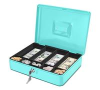 Flexzion Caisse à monnaie avec plateau et serrure - Caisse à monnaie en métal pour petites entreprises - Tirelire bleue à 9 compartiments avec plateau amovible et clé - Rangement portable pour chèques