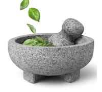 Flexzion Ensemble de mortier et pilon en granit massif - Support de bol en molcajete de 15,2 cm pour guacamole, herbes, épices, ail, cuisine, médecine