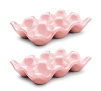 Flexzion Lot de 2 caisses à œufs en Porcelaine - Capacité de 6 œufs - Plateau à œufs en céramique pour réfrigérateur, présentoir de comptoir - Plat de Service décoratif Rose et Organisateur de