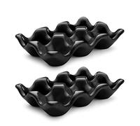 Flexzion Lot de 2 caisses à œufs en porcelaine - Capacité de 6 œufs - Plateau à œufs en céramique pour réfrigérateur, présentoir de comptoir - Plat de service décoratif noir et organisateur de