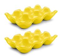 Flexzion Lot de 2 caisses à œufs en porcelaine - Plateau en céramique de 6 capacités, demi-douzaine de supports pour réfrigérateur, présentoir de comptoir - Plat de service décoratif jaune et