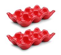 Flexzion Lot de 2 plateaux à œufs en céramique - Capacité de 6 œufs - Plateau de service décoratif rouge et organisateur de rangement