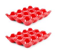 Flexzion Lot de 2 supports à œufs en céramique pour 12 tasses - Plateau à œufs en porcelaine - Support de service décoratif pour réfrigérateur, comptoir de présentation (rouge)