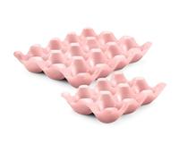 Flexzion Plateau à œufs en céramique pour 12 + 6 tasses - 18 œufs en porcelaine - Support de rangement décoratif pour réfrigérateur, comptoir, cuisine (rose)