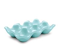 Flexzion Plateau à œufs en céramique pour 6 tasses - Demi-douzaine d'œufs en porcelaine - Organisateur de rangement décoratif pour réfrigérateur, comptoir, cuisine (bleu)