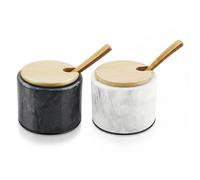 Flexzion Pot à sel en marbre avec couvercle et cuillère - Bols à sel et poivre avec patin antidérapant - Boîte de rangement en marbre pour paprika, herbes, bijoux (lot de 2, noir et blanc)