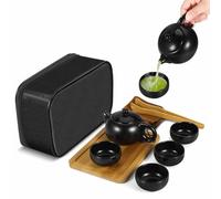 Flexzion Service à thé chinois japonais vintage Kungfu Gongfu Théière de voyage portable (Noir mat) Théière en céramique Porcelaine 4 tasses à thé Plateau à thé en bambou Tapis à thé Sac de voyage