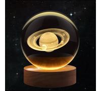 Flexzion Veilleuse boule de cristal Saturne 3D de 60 mm, lampe LED en forme de sphère de verre avec base en bois de hêtre massif, alimentation USB, luminosité réglable, cadeau de décoration de bureau