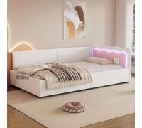 Flieks Canapé-lit Lit de jour 90x200cm avec LED, Lit rembourré avec sommier à lattes, Lit d'invité Lit simple en bois Daybed avec dossier, Non tissé imitation, Blanc