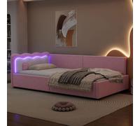 Flieks Canapé-lit Lit de jour 90x200cm avec LED, Lit rembourré avec sommier à lattes, Lit d'invité Lit simple en bois Daybed avec dossier, Non tissé imitation, Rose