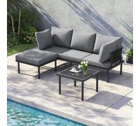 Flieks Ensemble de meubles de jardin 3 pièces avec tabouret, table de jardin avec plateau en verre, ensemble de canapés en corde, meubles de terrasse ensemble de meubles de balcon 4 personnes, gris