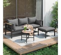 Flieks Gartenlounge-Set 4 Personen, Balkonmöbel Gartenmöbel 3-tlg., Gartensofa mit Gartentisch & Hocker, Tisch mit Glasplatte, Loungegartenmöbel Grau